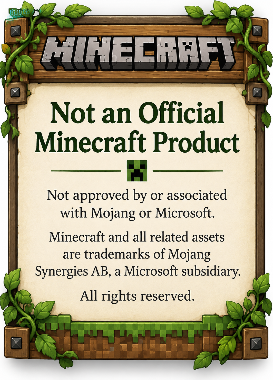 Minecraft unofficial product disclaimer stating Zolth is not approved by or associated with Mojang or Microsoft.