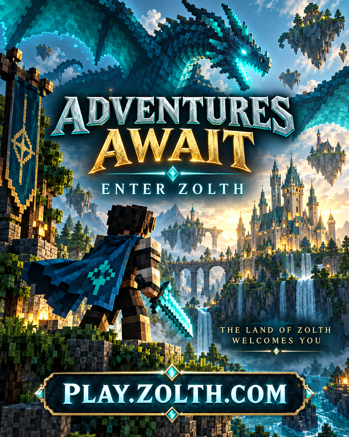Zolth fantasy sidebar banner with a dragon, block-style adventurer, castle, floating islands, and the message “Adventures Await.”