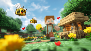 A player demonstrates how to attract bees in Minecraft using a dandelion.