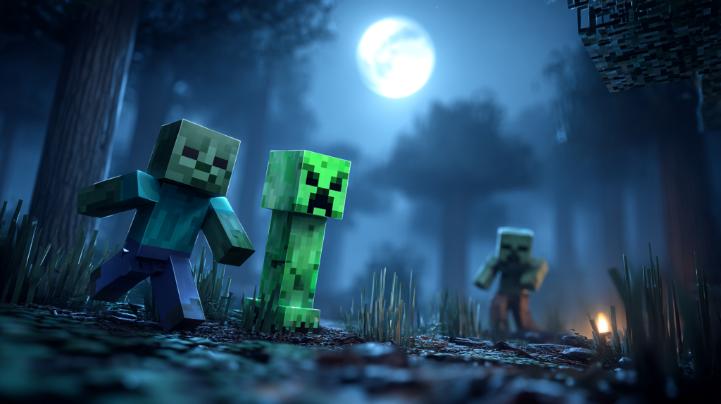 Minecraft hostile mobs including a Creeper and a Zombie at night in a dark forest, glowing moonlight in the background