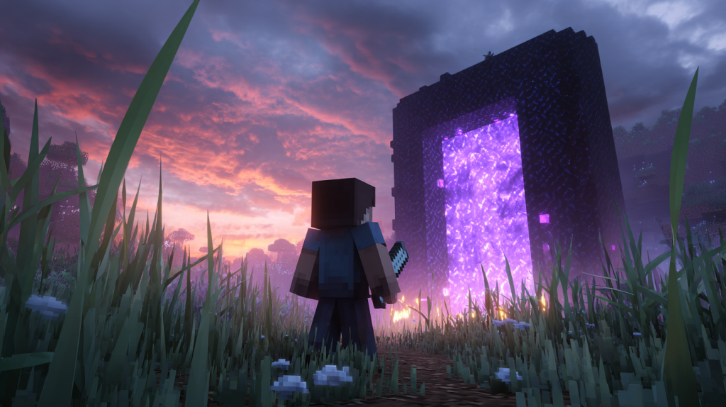 Minecraft player stepping into a glowing Nether portal with sword in hand