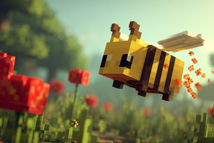 Minecraft bee with pollen on its back hovering near a red poppy in a grassy plains biome.