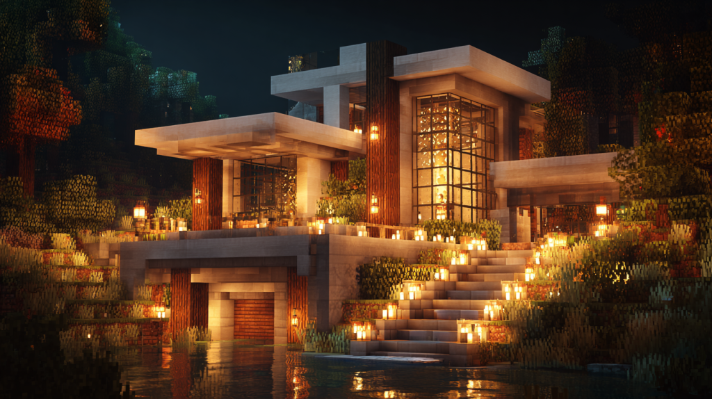 A modern Minecraft base lit up using the redstone lamp recipe.