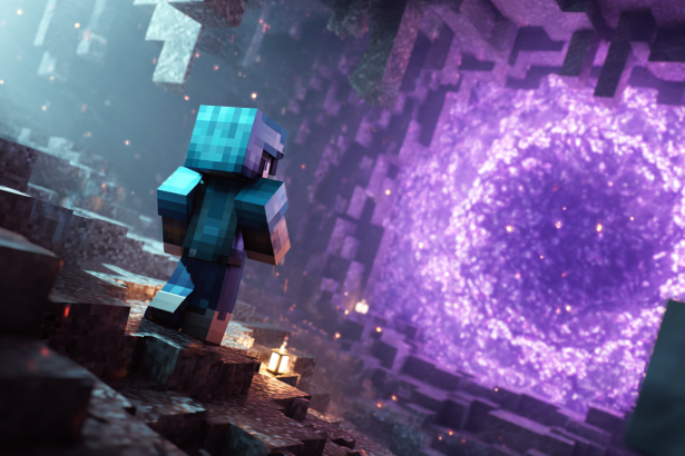 A Minecraft player in diamond armor bravely looks upon a massive, glowing Nether portal, ready for adventure.