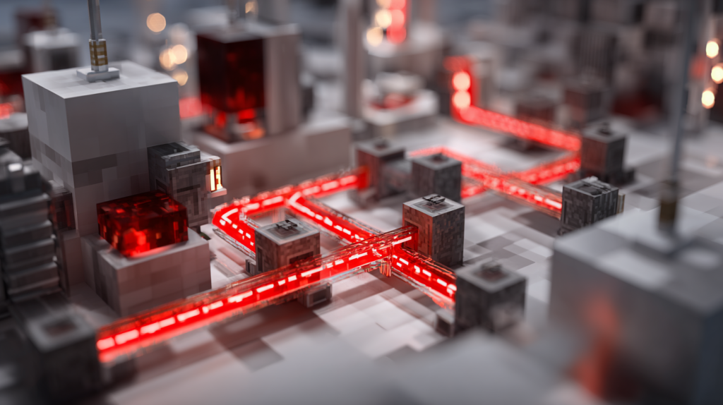 A complex Minecraft redstone circuit with glowing redstone dust, pistons, and repeaters powering an automated farm.