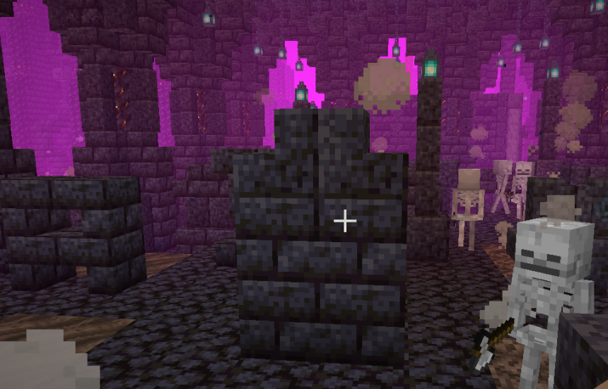 Dark Spire dungeon interior in Minecraft with blackstone pillars, purple void light, soul lanterns, and skeleton mobs patrolling elite dungeon corridors.