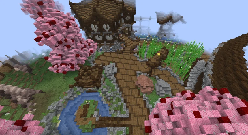 A high-angle Minecraft screenshot of the Auction Guild area, featuring a large rustic wooden building with white accents. The guild is surrounded by a wooden plaza, large pink cherry blossom trees, a sugarcane garden, and a small pond with a wooden dock, all set on a floating island platform.