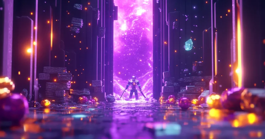 A vibrant digital fantasy scene showing a silhouette of an armored warrior standing before a massive, glowing purple energy portal. The figure is framed by tall, dark monolithic pillars, and the reflective ground is scattered with glowing orange and purple orbs.