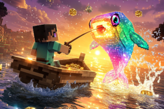 PyroFishingPro legendary fish leaping from a glowing Minecraft ocean at sunset