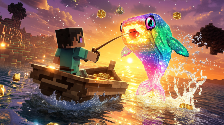 PyroFishingPro legendary fish leaping from a glowing Minecraft ocean at sunset
