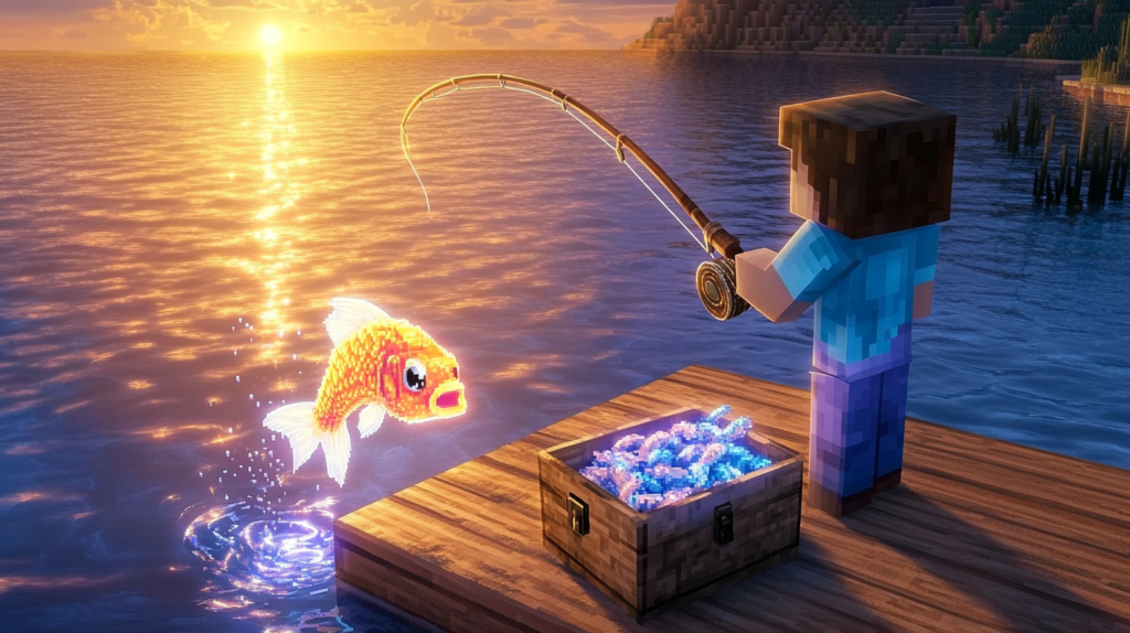 PyroFishingPro legendary fish catch on a Minecraft dock at sunset