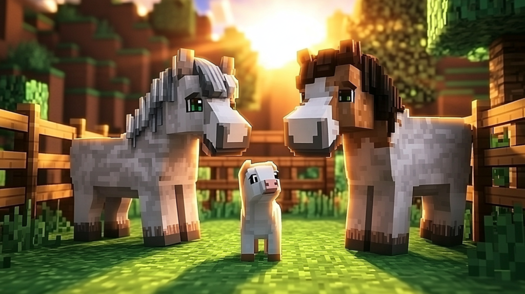 Baby horse foal in Minecraft standing next to parent horses inside a breeding pen