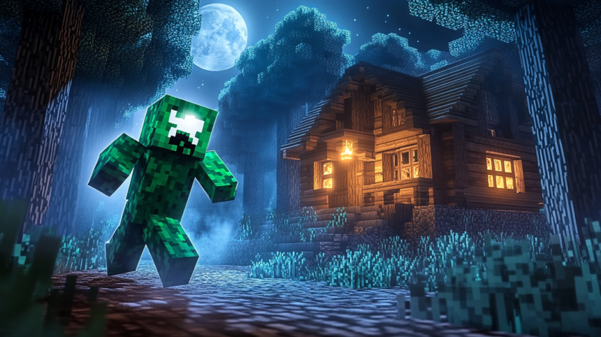 Minecraft Creeper with lit fuse approaching a wooden house at night in a dark forest biome, blocky voxel art style