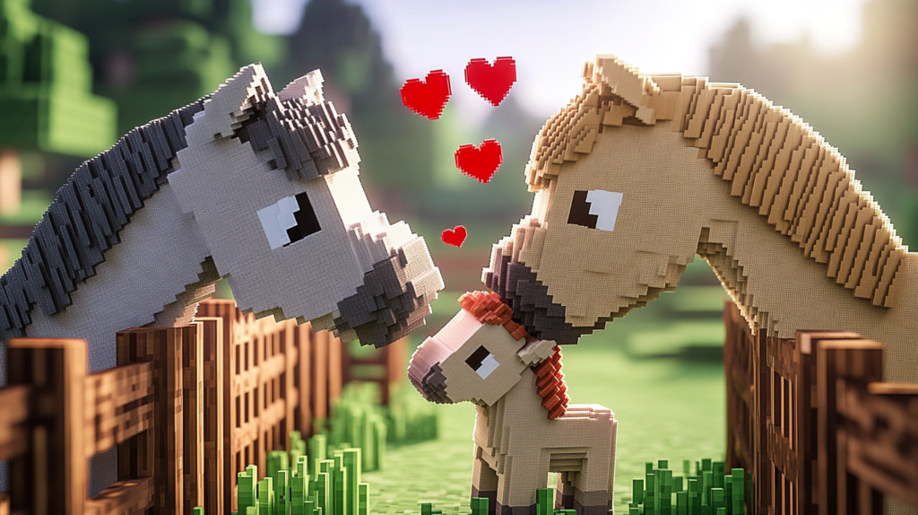 How to breed horses in Minecraft showing two parent horses in love mode with a foal in a fenced pen