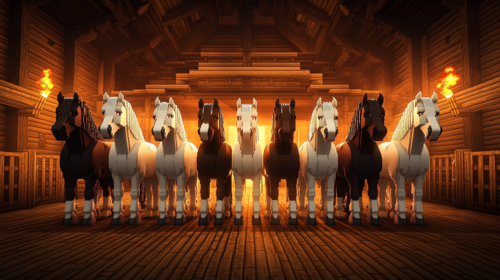 All seven Minecraft horse base colors displayed side by side in a wooden stable