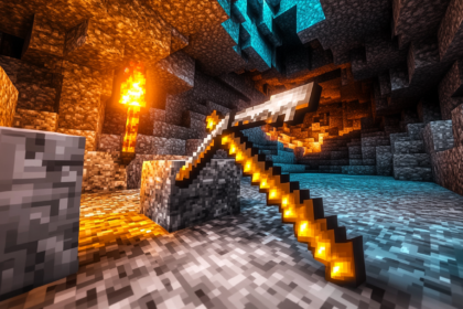 Minecraft stone block wall inside a cave with iron pickaxe mining through layers of stone underground