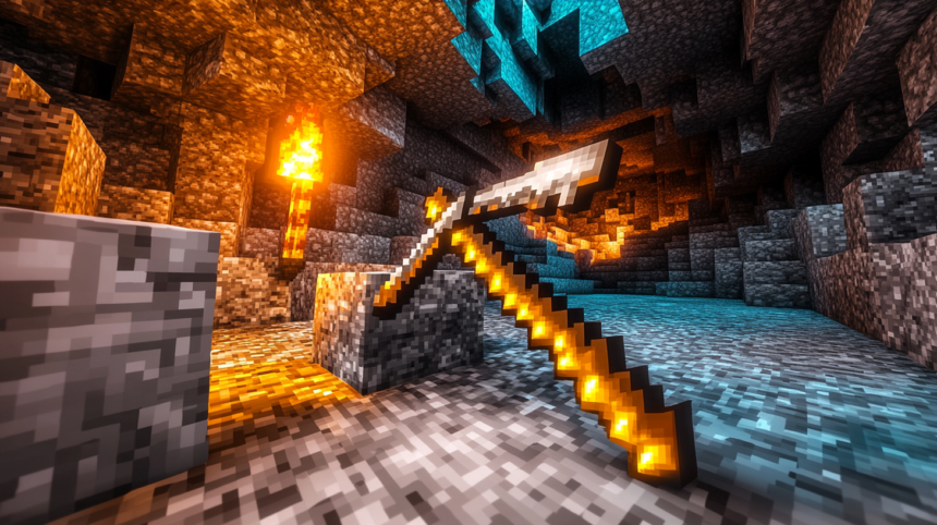 Minecraft stone block wall inside a cave with iron pickaxe mining through layers of stone underground