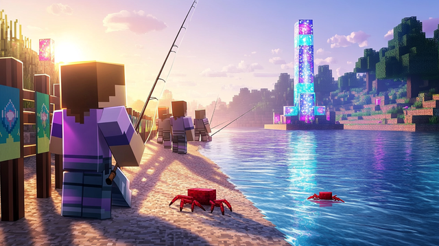 Minecraft players in a PyroFishingPro fishing tournament near a fishing totem