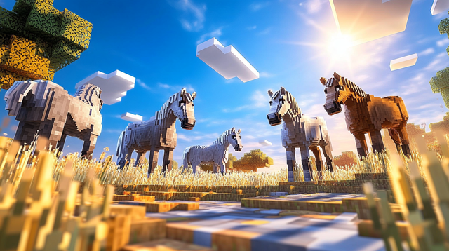 Wild Minecraft horses spawning in a plains biome ready to be tamed for breeding